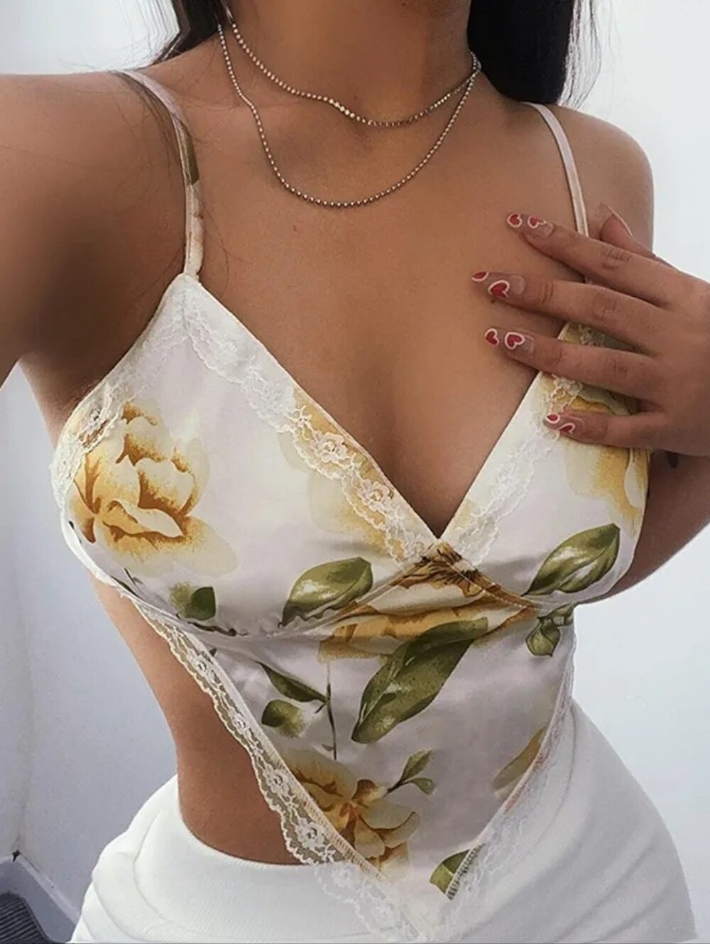Blue Blush Floral Lace Trim Satin Crop Top in White and Yellow
